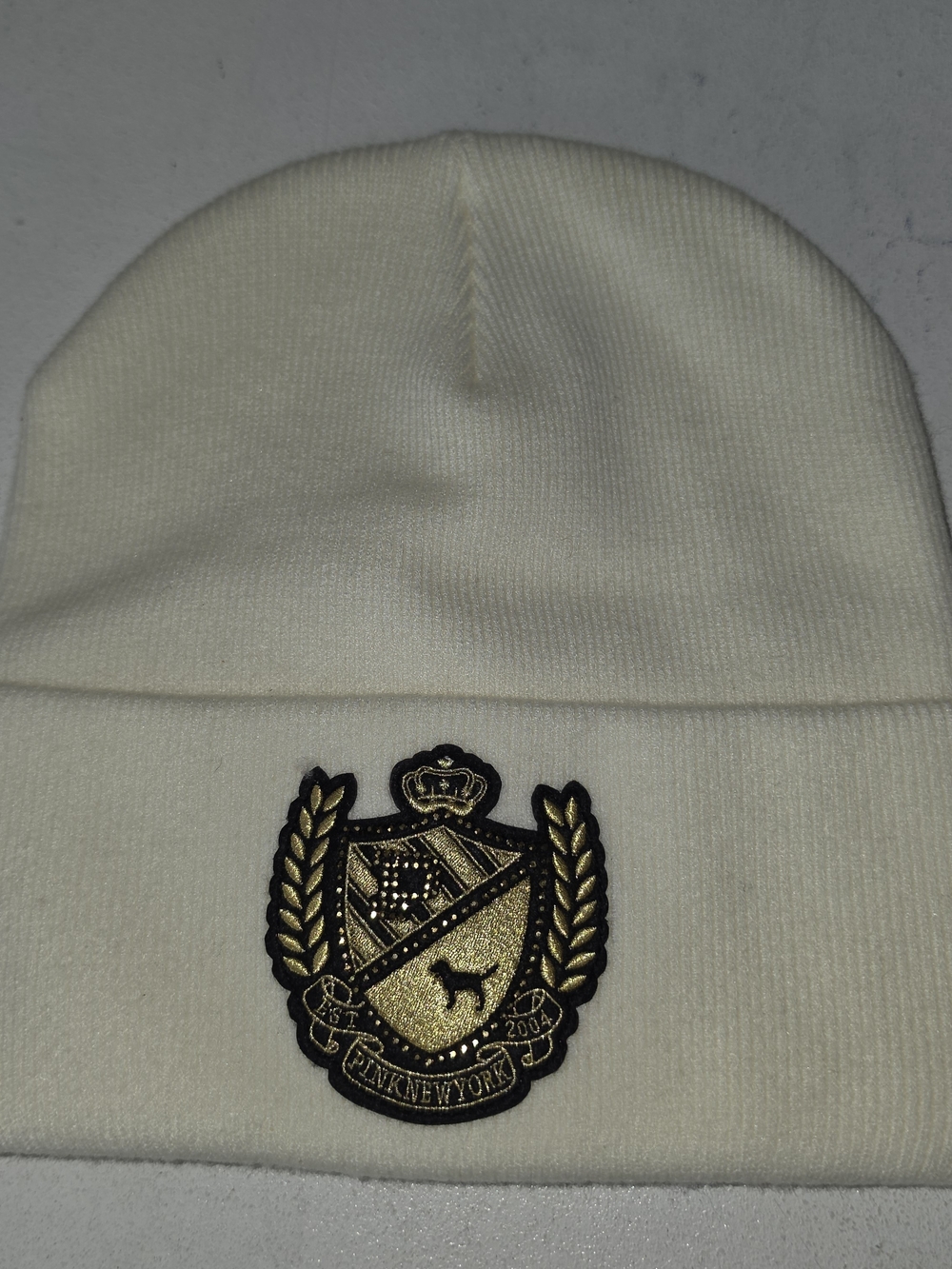 PINK Victoria's Secret Cream Knit Beanie with Gold Crest